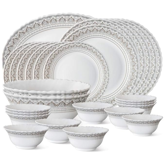 Classic Ceramic Dinner Set | 27 Piece for Family of 6 | Microwave & Dishwasher Safe | Bone-Ash Free | Crockery Set for Dining & Gifting | Plates & Bowls | White